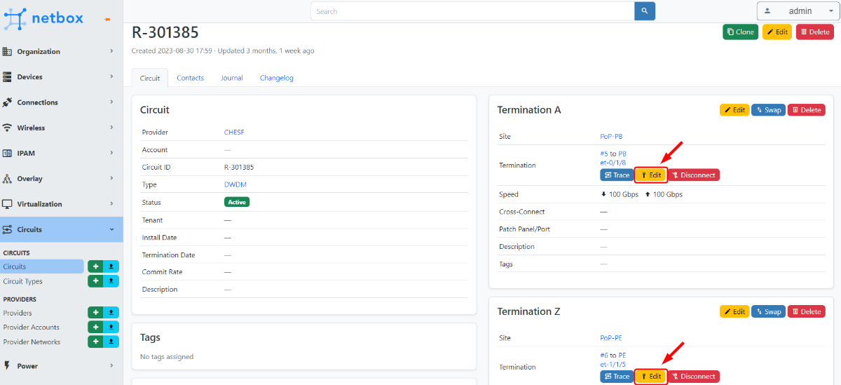 Figura 3: tela de um Circuit ID. As edições de de cada Temination deve ser realizada clicando em Edit (destacado com a seta).