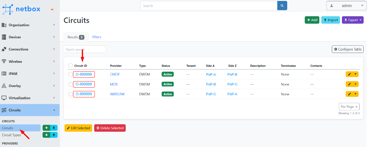 **Figura 2**: clique no circuit (seta a esquerda), em seguida selecione o Circuirt ID (detacados e indicados com a seta) para realizar a configuração.