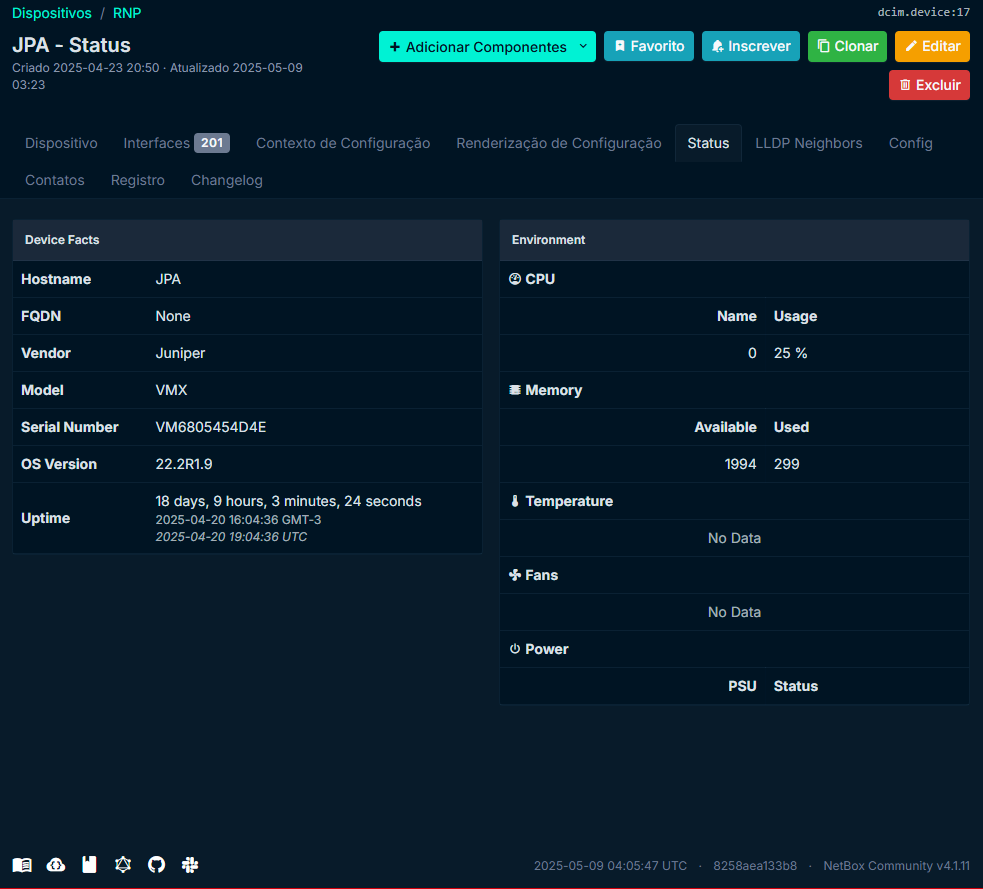 Imagem da aba Status